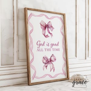 Póster con lazo rosa "Dios es bueno", estilo cottagecore vintage, versículo bíblico, arte de pared, decoración para habitación de niñas, impresiones, escrituras coquetas, descarga digital