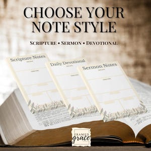 May include: The image shows three notepads labelled "Scripture Notes", "Daily Devotional", and "Sermon Notes" with a floral design. The text "CHOOSE YOUR NOTE STYLE" and "SCRIPTURE • SERMON • DEVOTIONAL" are at the top. The pads are on an open book.