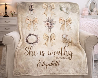 She Is Worthy Personalized Blanket | Proverbs 31 Christian Throw | Velveteen & Sherpa Fleece Blanket | Faith Gift for Women | Bible Verse