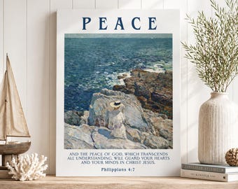 Peace Bible Verse Canvas Wall Art, Philippians 4:7 Scripture Print, Coastal Christian Decor, Ocean Faith Art, Inspirational Gift