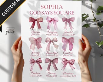 May include: A poster with the name "Sophia" and the phrase "God Says You Are" in pink lettering. The poster features watercolor illustrations of pink bows with inspirational words and Bible verses. The words "Printed & Shipped Poster" are at the bottom.