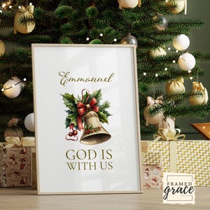 Kerstafdruk, Emmanuel God is met ons schrift kerstposter, vakantiedecor, kerstklokken bijbelvers kunst aan de muur, digitale download
