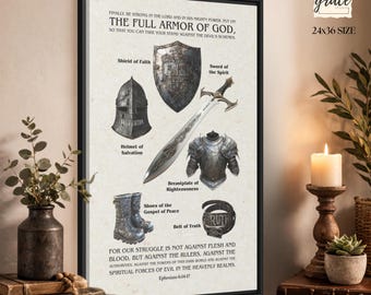 Armor of God Framed Canvas Wall Art, Ephesians 6:11-17 Scripture Print, Christian Bible Verse Decor, Spiritual Warfare Prayer Gift