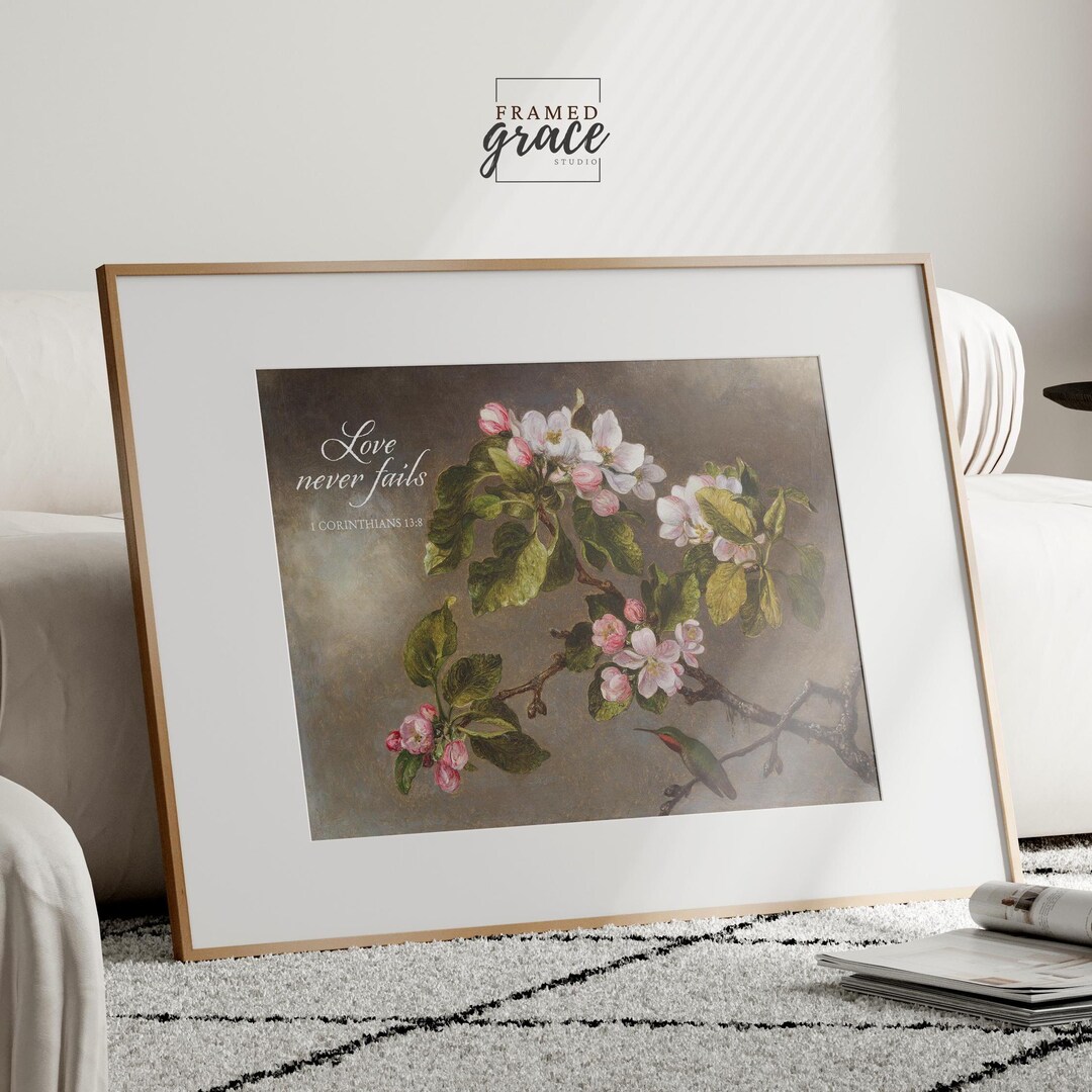 Blossom Flower Painting, Vintage Christian Wall Art - 1 Corinthians 13 ...