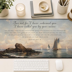 Christian Desk Mat with Isaiah 43:1-3, Scripture Desk Pad, Vintage Ocean Art Mouse Pad, Inspirational Office Decor, Gift for Her Him