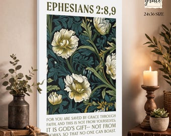 Ephesians 2:8-9 Canvas Wall Art, Saved by Grace Scripture Print, Christian Bible Verse Home Decor, Faith Gift, Religious Wall Hanging
