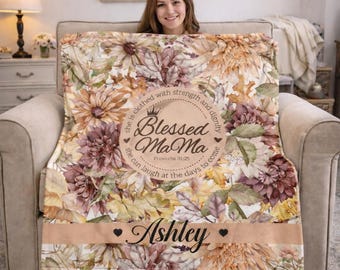 Blessed Mama Floral Blanket | Custom Christian Fleece Throw | Floral Blanket for Her