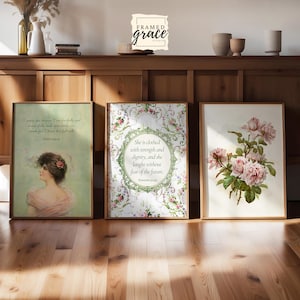 Christelijke muurkunstset Spreuken 31 girly - vintage groene en roze prints, bijbelvers, christelijke decorbundel, digitale download, afdrukbare kunst