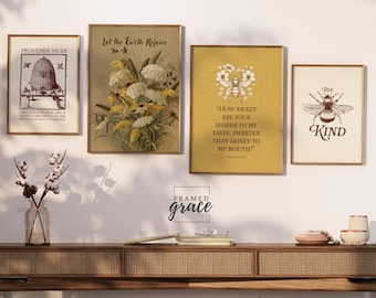 Lascia che la terra si rallegri, stampa artistica con api, Proverbi 16:24, arte murale con le Scritture, arte biblica con api, arte murale cristiana, set di 4 stampe digitali