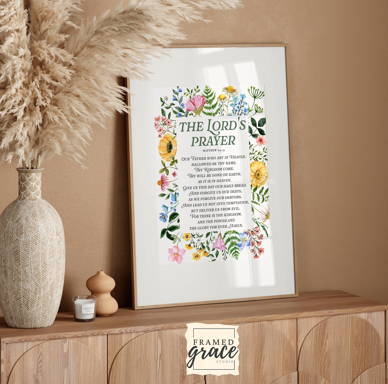 The Lord's Prayer Print, (KJV) Matthew 6:9-13 Christian Prints, Floral