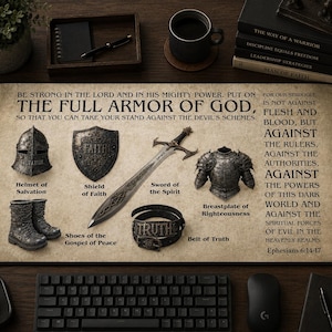Tapete de mesa cristão Armor of God, decoração de escritório com as escrituras de Efésios 6, presente de mesa de oração, almofada de mesa cristã, presente para cristãos, mouse pad
