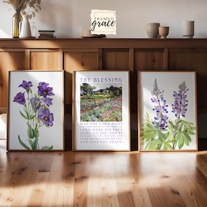 Christian Wall Art Bundle - Purple Blessing, Vintage Floral Posters, Digital Prints, Christian Printable Set of 3, Bible Verse Wall Art