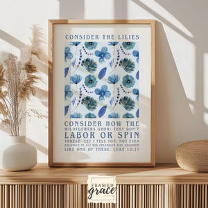 Consider the Lilies Vintage Blue Floral Pattern for Christian Home, Aesthetic Wall Decor, Gift for Christian Decor Digital Download Prints