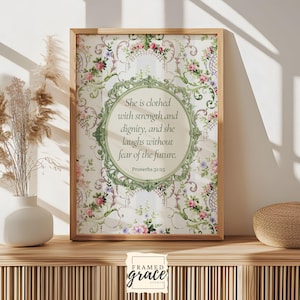 Proverbs 31 Woman Christian Wall Art for Christian Home, Pink Floral Aesthetic Wall Decor, Gift for Christian Girl Decor, Digital Download