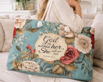 Personalized Christian Weekender Bag, Custom Name Floral Travel Tote, Scripture Bag Psalm 46:5, Gift for Women, Faith Travel Bag