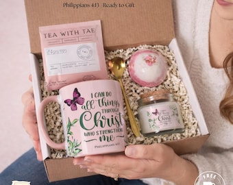 Christian Gift Set – Philippians 4:13 Mug, Candle, Tea, Bath Bomb, Pink Faith Gift for Her