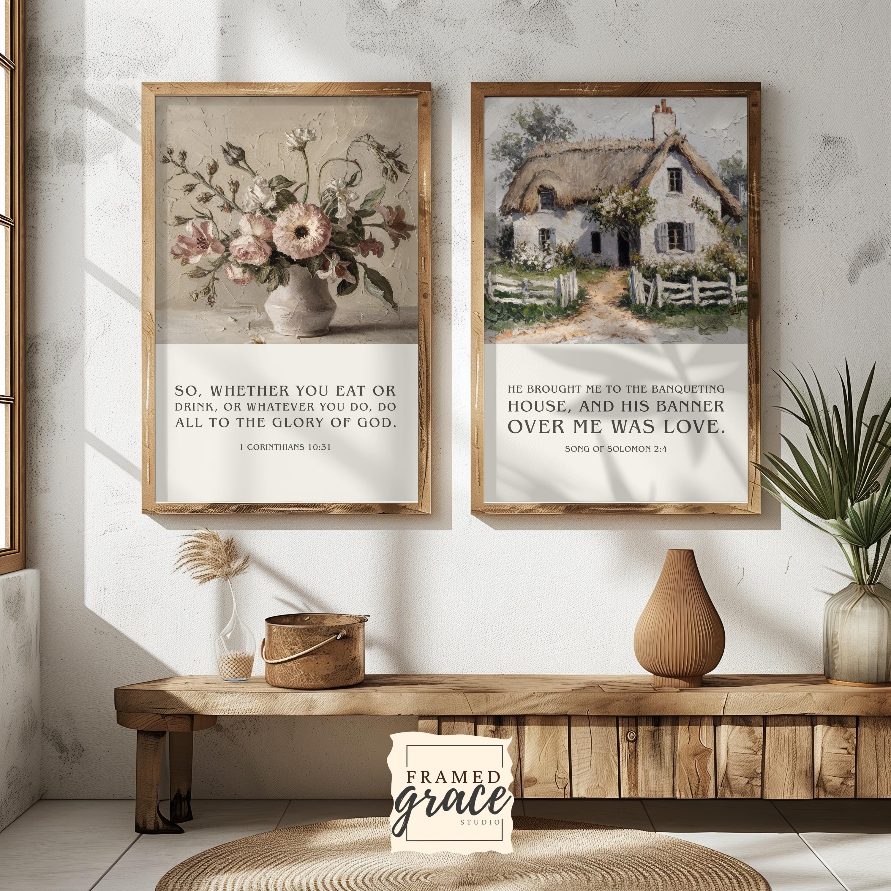 Cottage Scripture Image Christian Bible Verse Wall Art Set of 2, Oil Paintings Printable ...