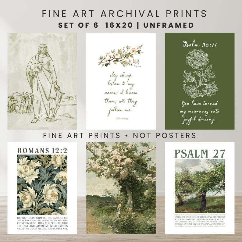 Set of 6 Christian Wall Art Prints Unframed Bible Verse Botanical Decor ...