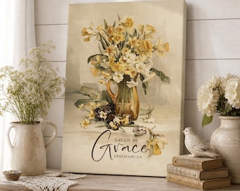 Saved by Grace Canvas Wall Art, Ephesians 2:8 Scripture Print, Christian Floral Wall Decor, Neutral Vintage Faith Gift for Women
