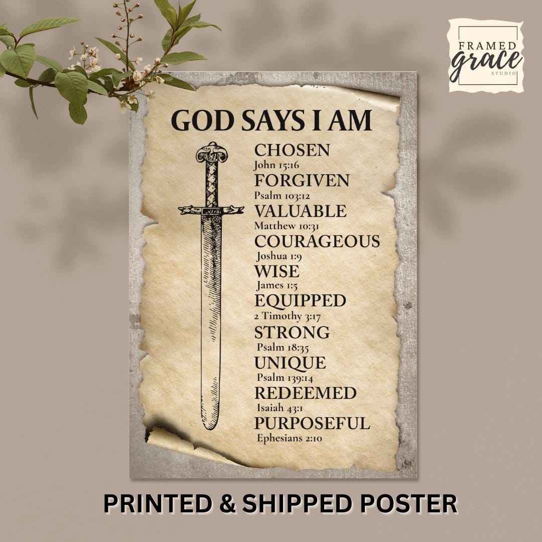 God Says I Am; Sword Bible Verses Wall Art, Christian Mens Decor ...