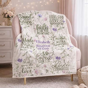 Coperta cristiana personalizzata in tessuto, coperta con la scritta "Amato da Dio", coperta con le Scritture floreali, arredamento religioso per la casa, coperta con la Bibbia, regalo per la famiglia