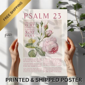 Pink Cottage Rose Christian Scripture Art Poster, Psalm 23 The Lord is My Shepherd, Christian Gift, Vintage Bible Verse PRINTED & SHIPPED