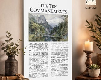 Ten Commandments Wall Art Canvas, Christian Scripture Decor, Bible Verse Art Print, Vintage Landscape Religious Wall Decor, Exodus 20