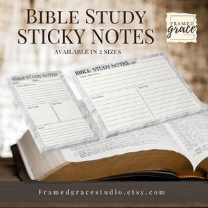 May include: Two white and gray Bible study sticky notes with lined sections for notes, key verses, and key points, floating above an open book. The text "BIBLE STUDY STICKY NOTES" is at the top, with "AVAILABLE IN 2 SIZES" below. The Etsy shop name is visible.