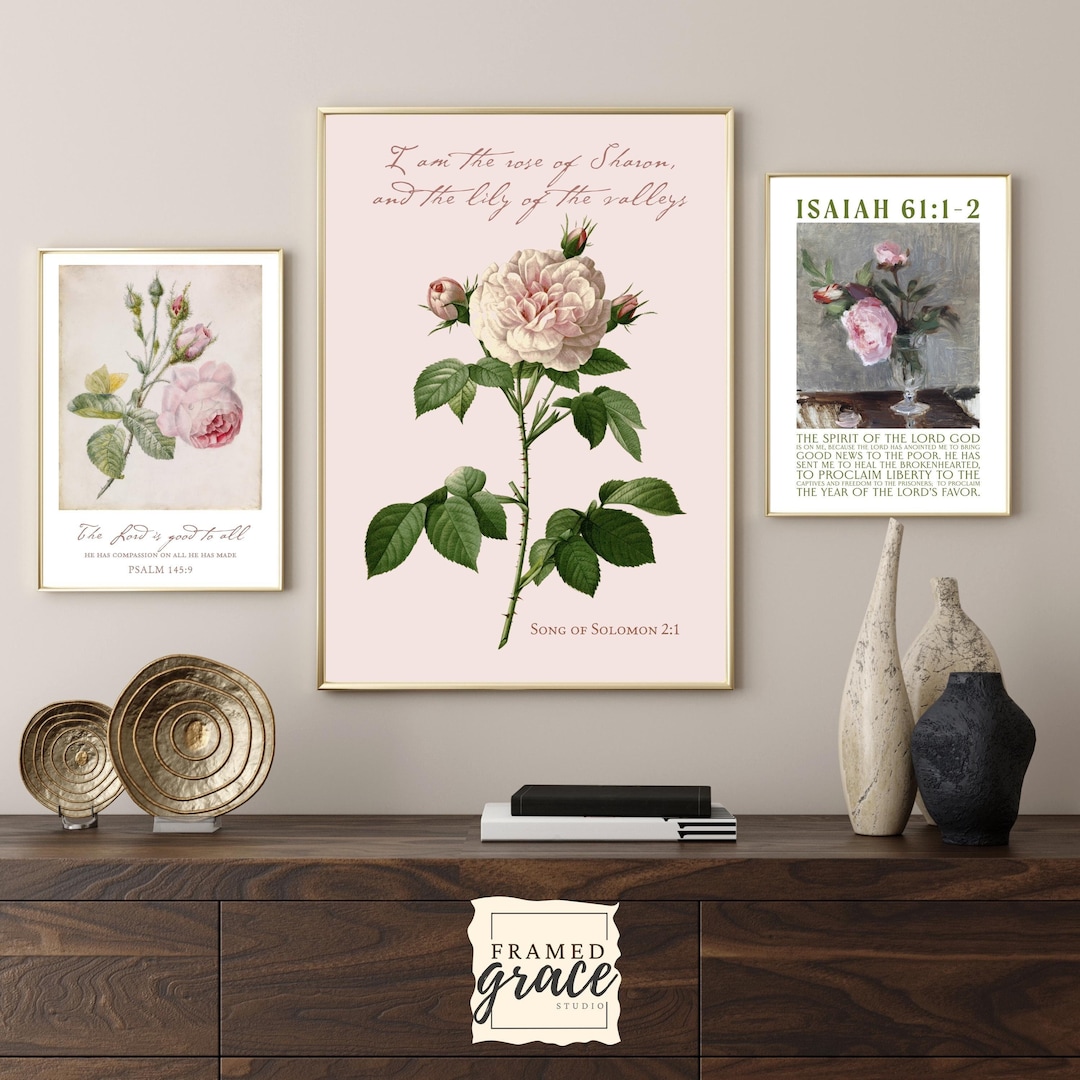 Christian Floral Wall Art Set, Bible Verse Botanical Prints, Vintage ...
