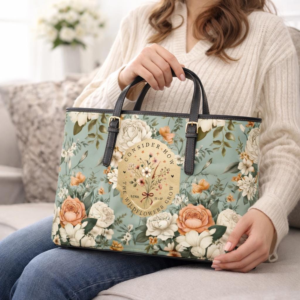 Consider the Wildflowers Tote Bag, Luke 12:27 Floral PU Leather