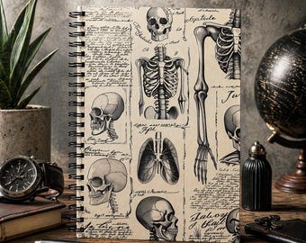 Cuaderno vintage de esqueleto de anatomía humana, regalo perfecto para amantes de los diarios, cuaderno de espiral para estudiantes, cuaderno de papelería, regalo de diario de viaje.