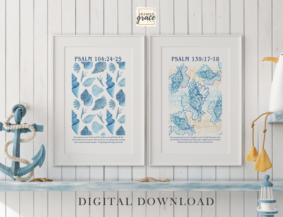 Seashell Bible Verse Print Set: Psalm 139 & 104, Coastal Decor (digital ...