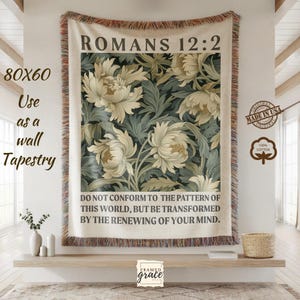 Romans 12:2 Woven Blanket - Floral Bible Verse Throw | Faith-Based Home Decor for Living Room | Scripture Gift for Her | Gift for Her