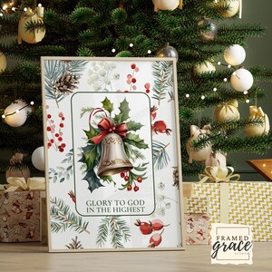Christmas Glory to God Printable, Holiday Decor, Classic Christmas Bell wall art, Bible Xmas Art, Festive Home Decor, Digital Download