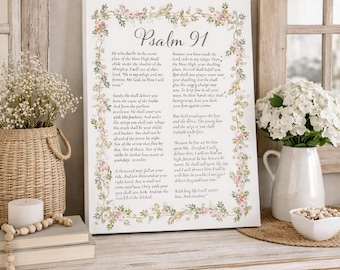 Psalm 91 Canvas Wall Art, Christian Floral Scripture Wall Decor, Bible Verse Protection Art, Ready to Hang Gallery Wrapped Canvas