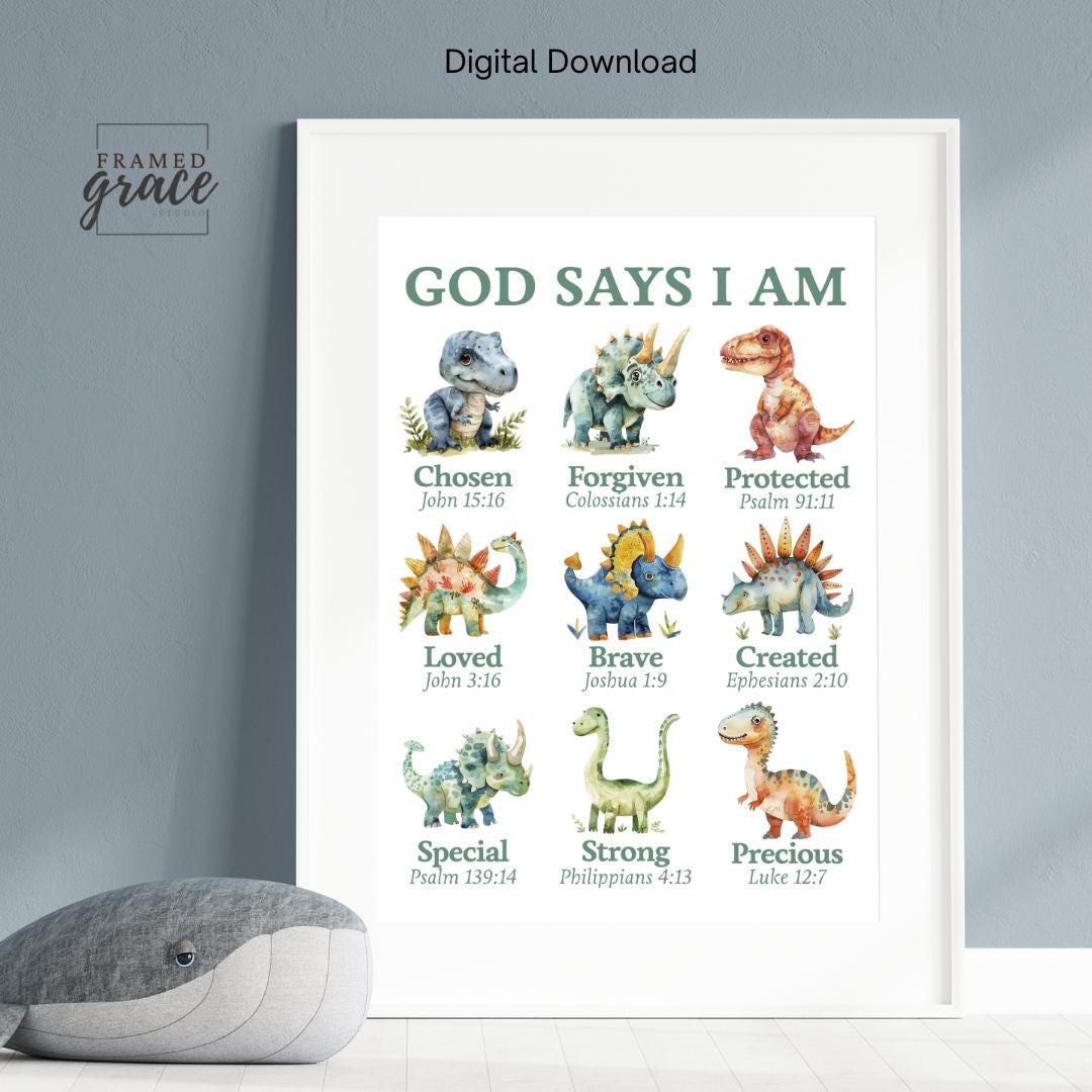 God Says I Am Dinosaur Wall Art, Christian Boys Room Decor, Bible Verse ...