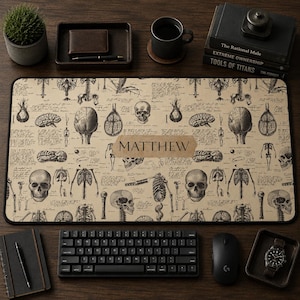 Custom Name Anatomy Desk Mat, Vintage Medical Pattern Desk Pad, Doctor Gift, Med Student Desk Mat, Skeleton Mouse Pad, Office Decor