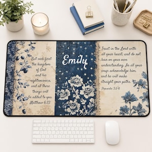Personalized Christian Desk Mat, Blue Floral Scripture Desk Pad, Matthew 6:33, Proverbs 3, Custom Name Mouse Pad, Inspirational Gift