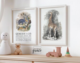 Vintage Animal Illustrations, Bible Verse Wall Art Set of 2, Printable Home Decor, Wildlife Creatures, Genesis 1:25 Scripture Digital Art