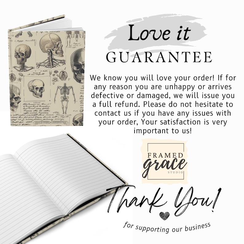 Puede incluir: Un cuaderno abierto con p&aacute;ginas rayadas y una cubierta con ilustraciones anat&oacute;micas de cr&aacute;neos y esqueletos. Tambi&eacute;n se ve el texto "Love it GUARANTEE" y "Thank You!"