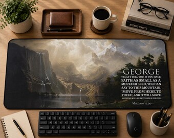 Personalized Matthew 17:20 Christian Desk Mat with Move Mountains Design, Bible Verse Decor, Christian Gift, Mouse Pad, Custom Name Gift