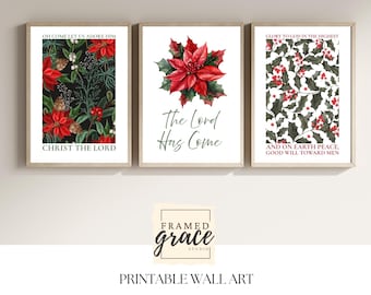 May include: Three framed art prints with Christmas themes. One features a dark background with red poinsettias and text. Another has a poinsettia with the text "The Lord Has Come." The third print displays holly and text.