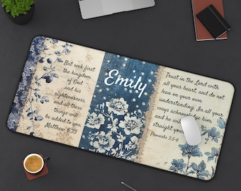 Personalized Christian Desk Mat, Blue Floral Scripture Desk Pad, Matthew 6:33, Proverbs 3, Custom Name Mouse Pad, Inspirational Gift