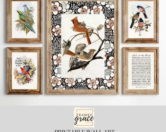 Vintage Vögel druckbare Wandkunst, Galeriewand-Set von 6, Matthäus 6:25 Vintage Bibel-Vers-Kunst, bunte Wand-Kunst-Bibel-Vers, DIGITAL