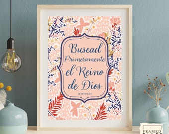 Spanish Mateo 6:33  Bible Verse Print, , Pink Decor, Spanish Scripture Decor, Digital Download, Christian Poster, Digital Print