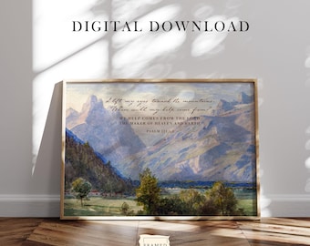 Psalms 121 Vintage Watercolor Christian Wall Art, Mountains Decor, Christian Home Decor, Bible Verse Wall Art, Scripture Digital Download