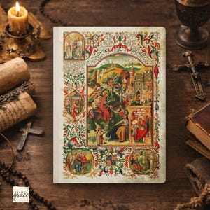 Puede incluir: Un diario de tapa dura con una ilustraci&oacute;n detallada y colorida de una escena religiosa. La portada presenta dise&ntilde;os florales y foliares ornamentados en rojo, verde y dorado. El diario est&aacute; sobre una superficie de madera con objetos religiosos.