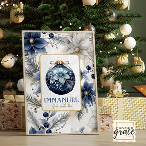 Blauwe kerstmuurkunst, Immanuel God is met ons Schrift, kerstversiering poster, blauw vakantiedecor, kunst aan de muur, digitale download