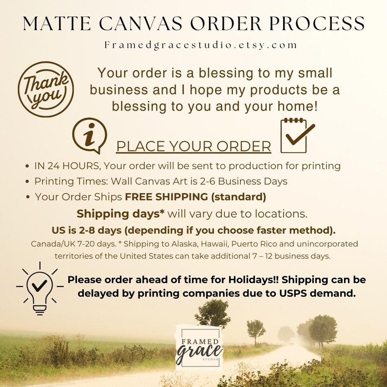 Puede incluir: Un gr&aacute;fico informativo titulado MATTE CANVAS ORDER PROCESS con texto que detalla los tiempos de producci&oacute;n, estimaciones de env&iacute;o para EE. UU. y ubicaciones internacionales, y una nota sobre retrasos en d&iacute;as festivos, con iconos de agradecimiento y bombilla.