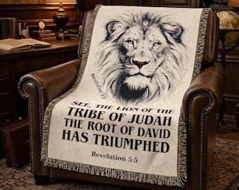 Lion of Judah Woven Blanket, Christian Bible Verse, Cotton Throw